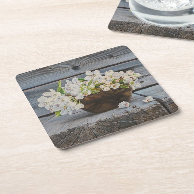 Äppelblomster Stilleben – Original Konsttryck Underlägg Papper Kvadrat (Vinklad)