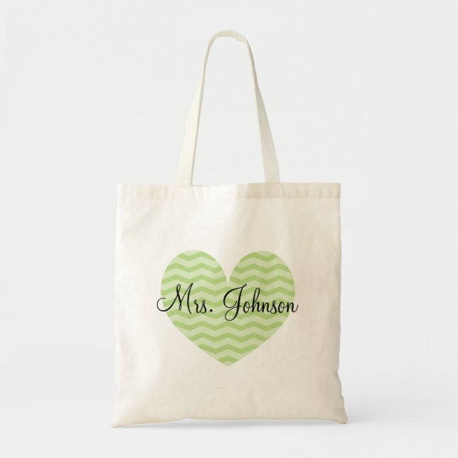 Äppelgrön hjärta-chevron-totebag för lärare tygkasse (Framsidan)