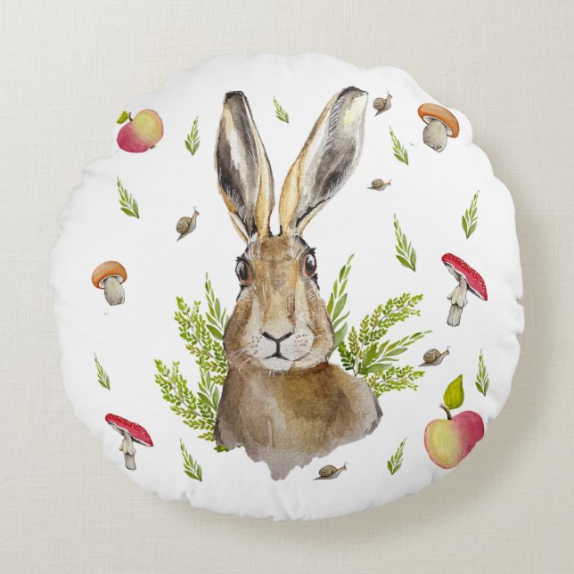 Äppelhare med bakgrund av äpplen och champinjon rund kudde (Framsidan)