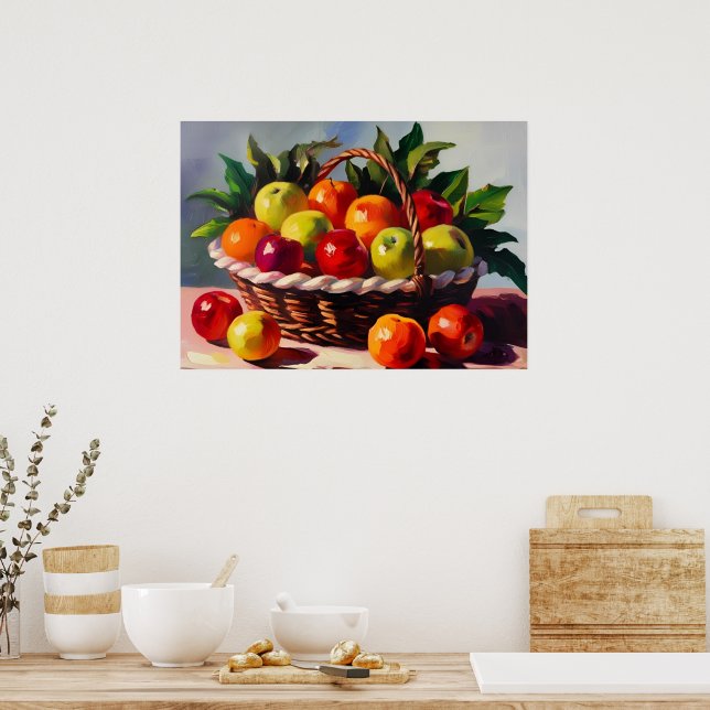 Äppelkorg, stilleben-målning, poster (Kök)