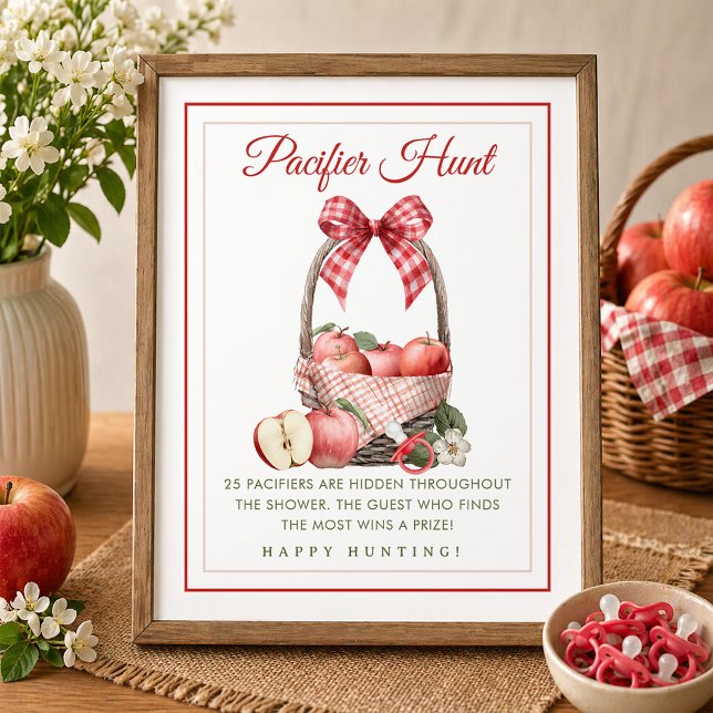 Äppelodling Baby Shower Nappjakt Spel Poster (Pacifier Hunt Game Sign)