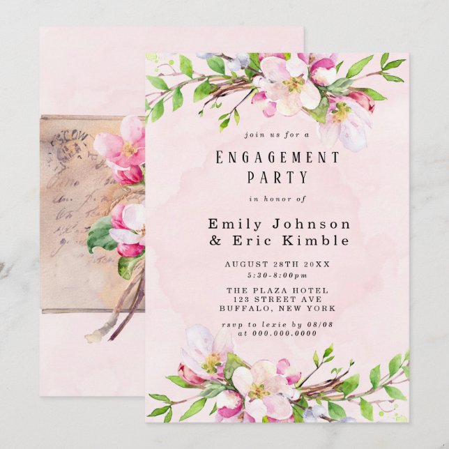 Äppelträd Blommar Watercolor Förlovningsfest Inbjudningar (Fram/baksida)