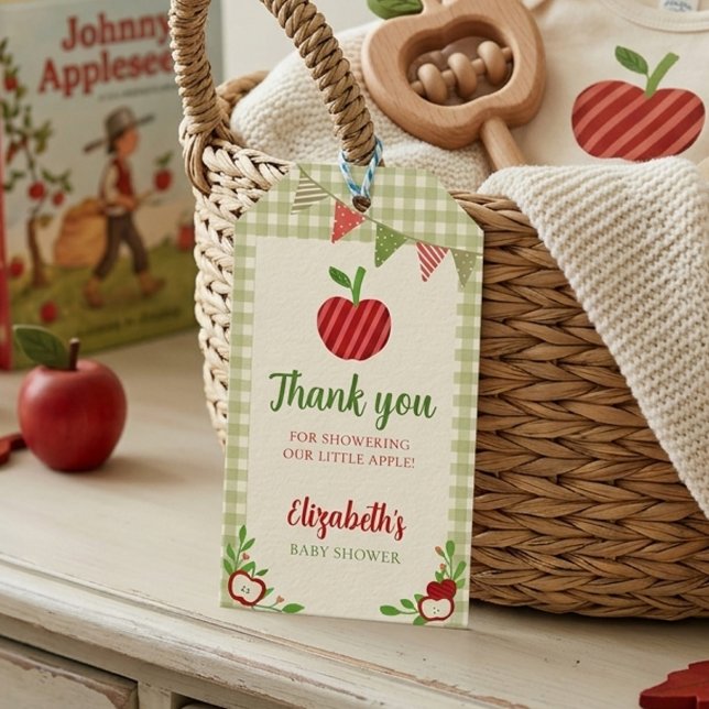 Äpple av Vårt Öga Baby Shower Tack Gingham  Presentetikett (Skapare uppladdad)