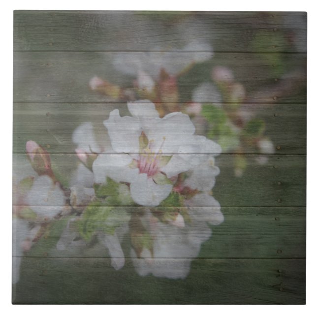 Apple blommar och ridit ut trä kakelplatta (Framsidan)