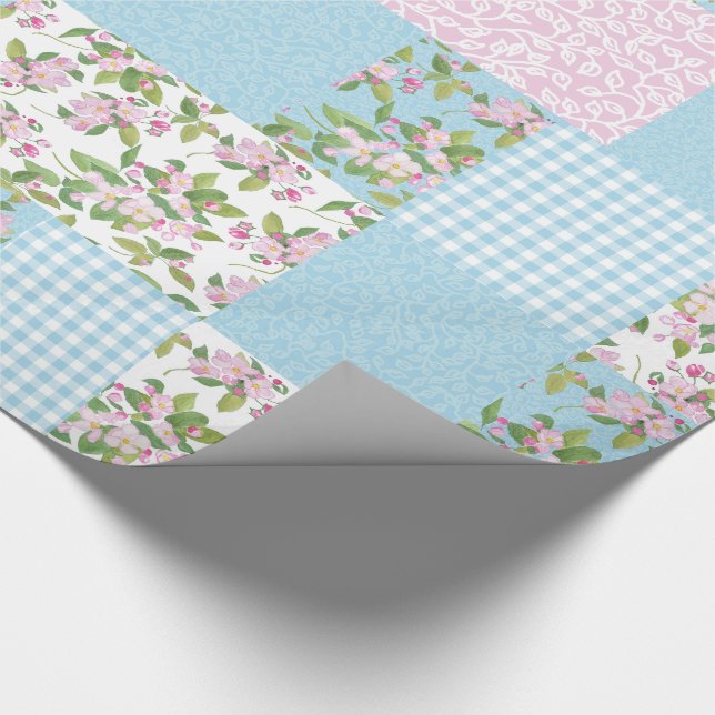 Apple Blommar Rosa, Blue, Grönt Faux Patchwork Presentpapper (Hörn)