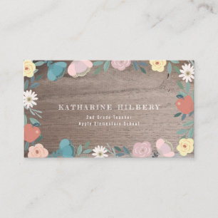 Apple Blommigt Garden Rustic Wood Teacher Visitkort