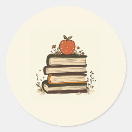 Apple Book Stack Round Klistermärke