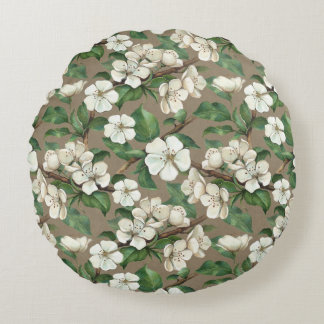 Apple Flowers med vattenfärg: Vintage Mönster. Rund Kudde