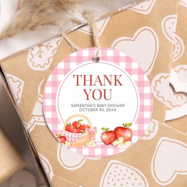 Apple från vår Öga babystödrada runda Gåvor Etiketter (The Apple of Our Eye Gingham Baby Shower Round Favor Tags)
