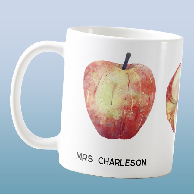 Apple Fruit Watercolor Personlig Lacher Kaffemugg (Apple watercolor personalized teacher gift coffee mug)