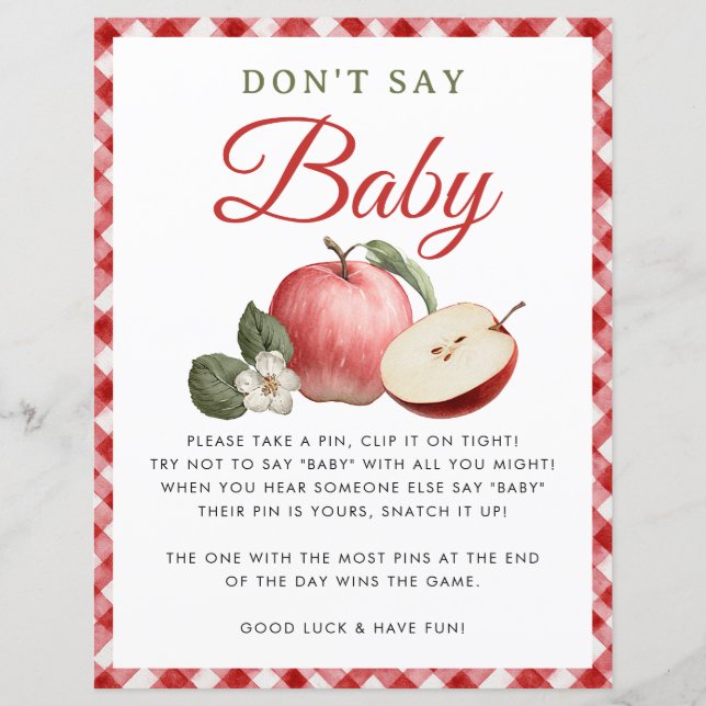 Apple & Gingham Baby Shower Säg inte Baby Game (Framsida)