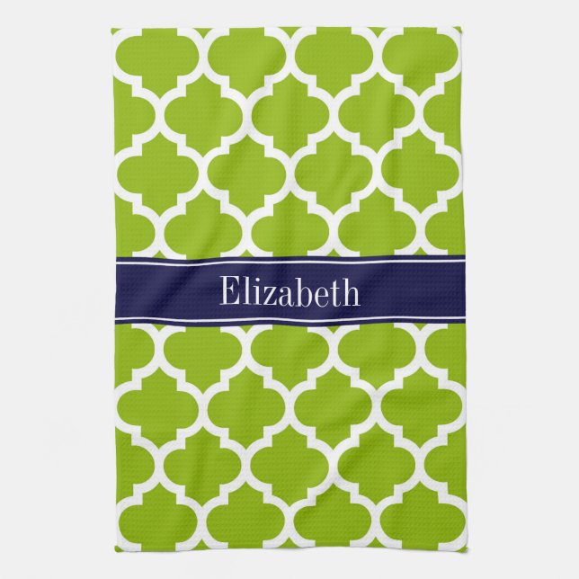 Apple Grn Wht Moroccan #5, marinblått Namn-monogra Kökshandduk (Vertikal)