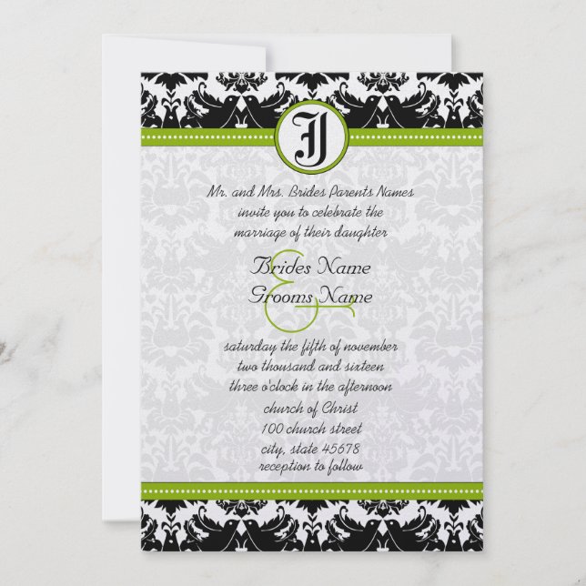 Apple Grönt Black Love Bird Damask Wedding Inbjuda Inbjudningar (Framsida)