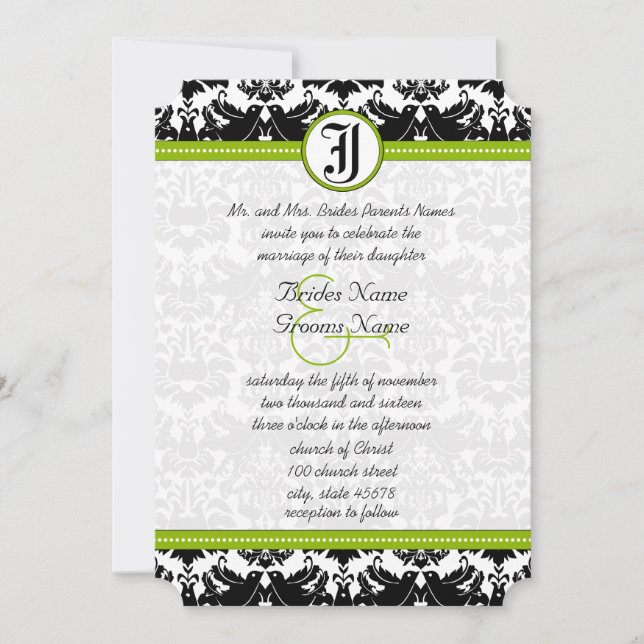 Apple Grönt Black Love Bird Damask Wedding Inbjuda Inbjudningar (Framsida)