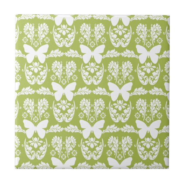 Apple Grönt Butterfly Damask Ceramic Tile Trivet Kakelplatta (Framsidan)