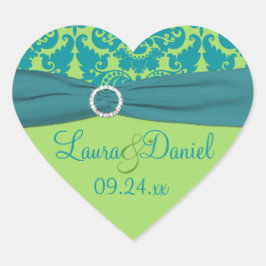 Apple Grönt och Turquise Damask Wedding Sticker Hjärtformat Klistermärke