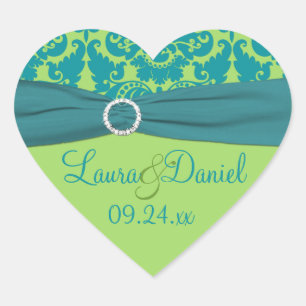 Apple Grönt och Turquise Damask Wedding Sticker Hjärtformat Klistermärke