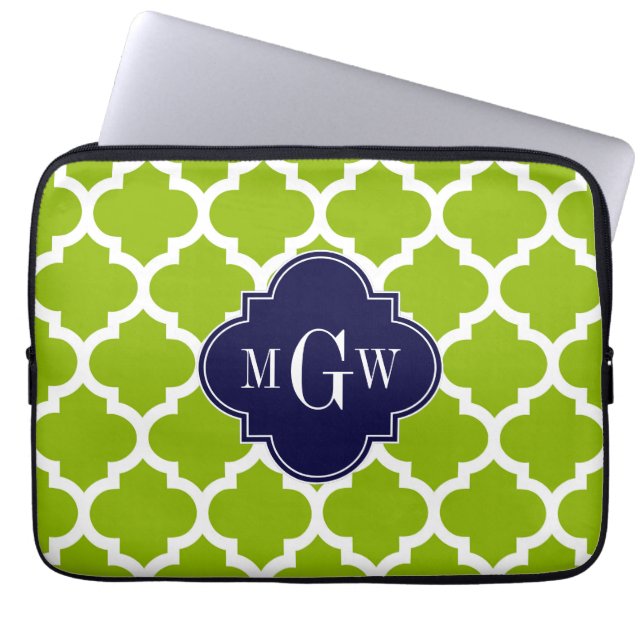 Apple Grönt Wt Moroccan #5 Navy 3 Initial Monogram Laptop Sleeve (Framsidan)