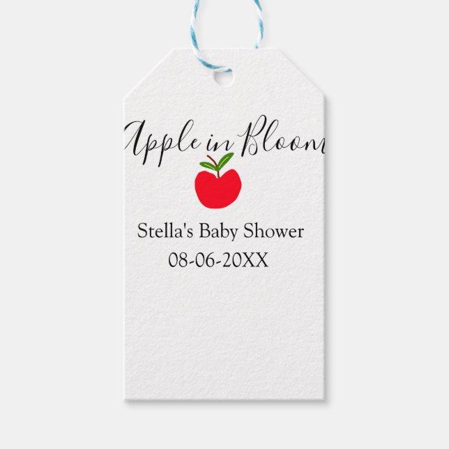 Äpple i blom baby shower rött äpple namn datum  presentetikett (Framsidan)