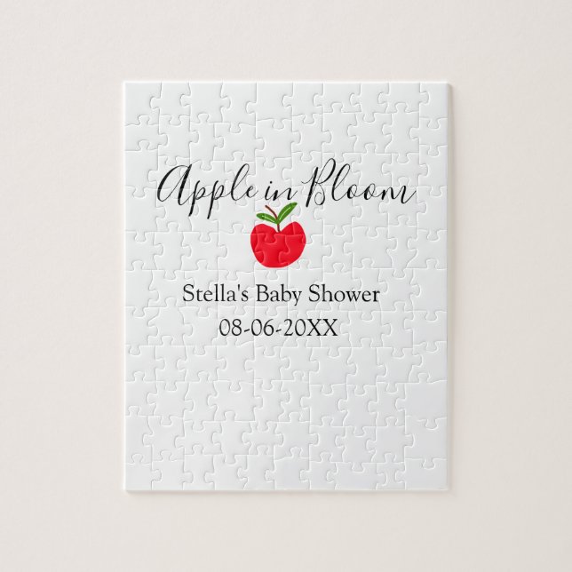 Äpple i blom baby shower rött äpple namn datum  pussel (Vertikal)
