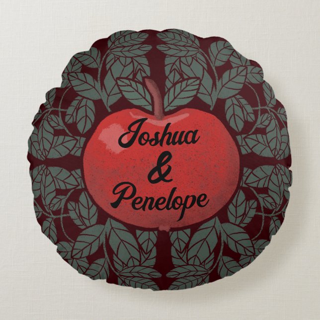 Äpple i träd, personlig, namn, rustik rund kudde (Framsidan)