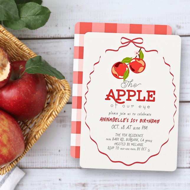 Äpple i vårt öga Röd slinga flicka 1-årsdag Inbjudningar (Skapare uppladdad)