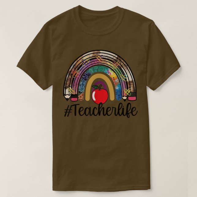 Apple Leopard Rainbow Teacher Life Student Rock Th T Shirt (Design framsida)