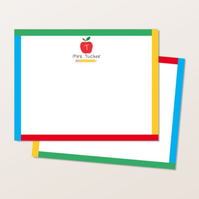Apple Pencil Cute Primary Färg Monogram Teacher Anteckningskort (Skapare uppladdad)