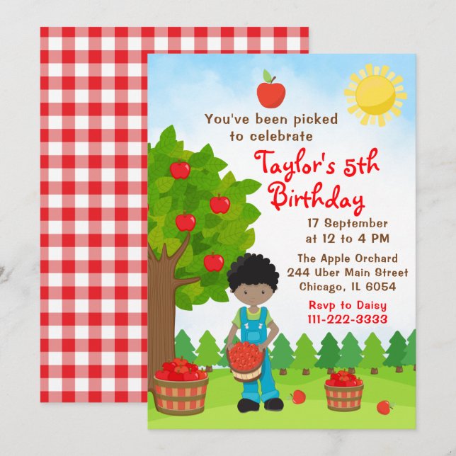 Apple Picking Birthday African American Boy Invita Inbjudningar (Fram/baksida)