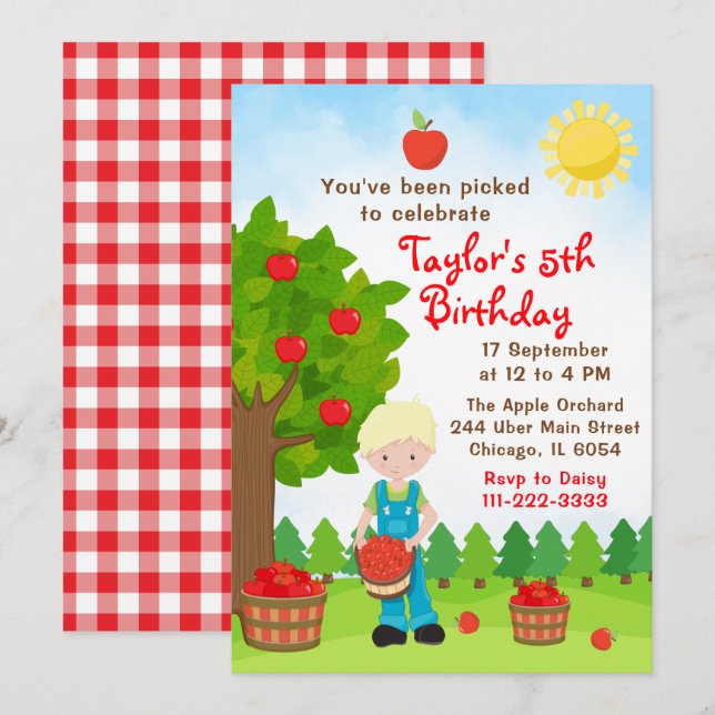 Apple Picking Birthday Blonde Hair Boy-inbjudan Inbjudningar (Fram/baksida)