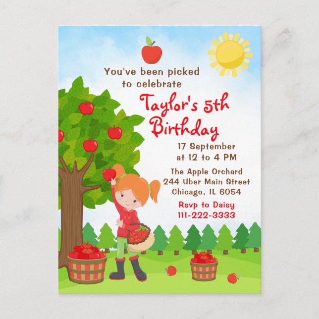 Apple Picking Birthday Red Hair Girl Postcard Vykort (Framsida)