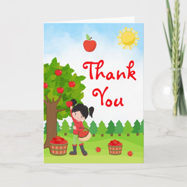 Apple Picking Black Hair Girl Birthday Tack C Kort (Framsida)