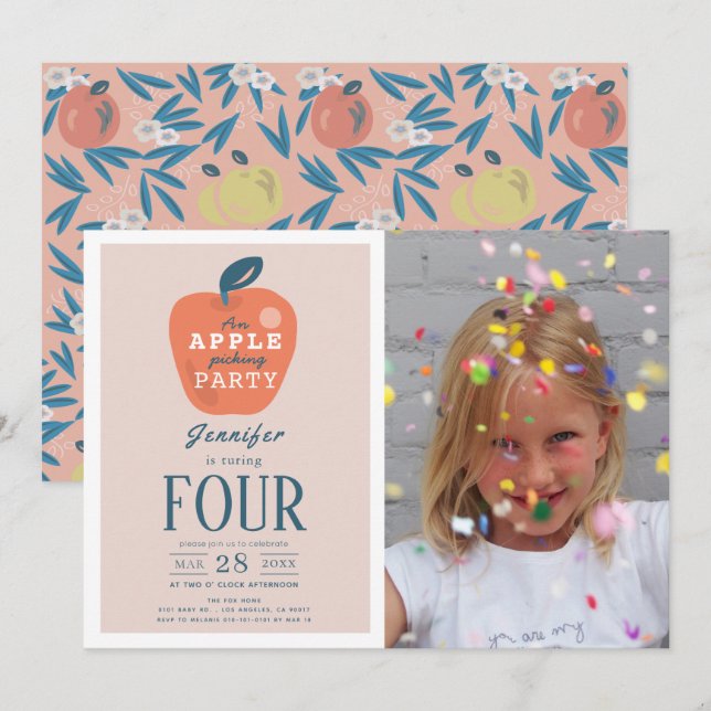 Apple Picking Girl Rosa Photo Birthday Inbjudningar (Fram/baksida)
