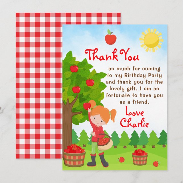 Apple Picking Red Hair Girl Birthday Inv Inbjudningar (Fram/baksida)