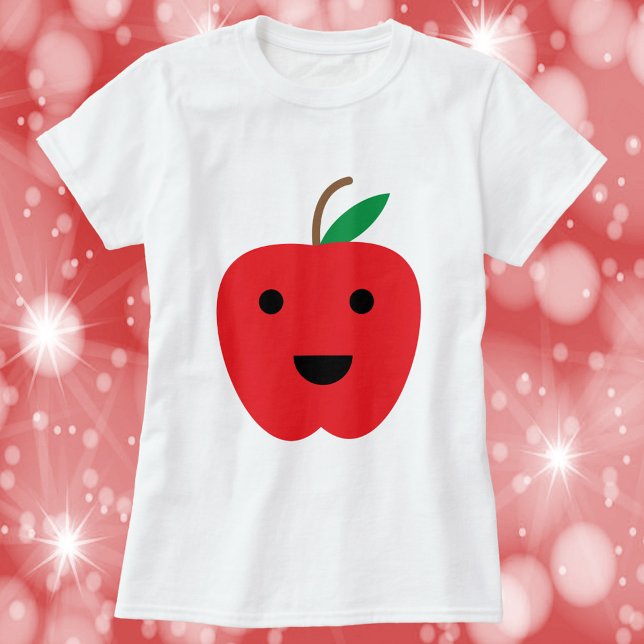 Apple Red Cute Kawaii Ansikte T Shirt (A shirt with a cute kawaii red apple)