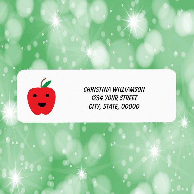 Apple Red Kawaii Personalize Returadress Etikett (A return address label with a cute kawaii apple and text you can personalize!)