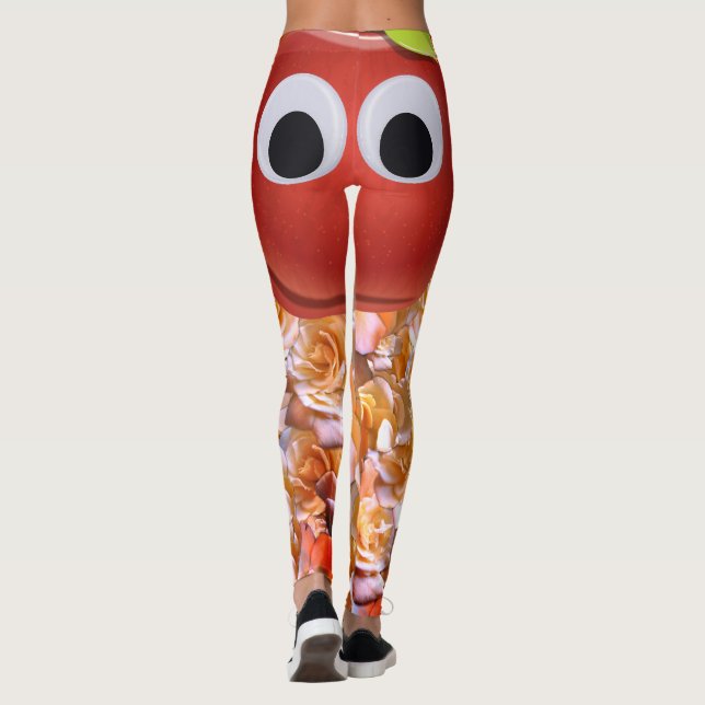 Äpple, röd frukt med googly ögon - Tecknad Ansikte Leggings (Baksida)