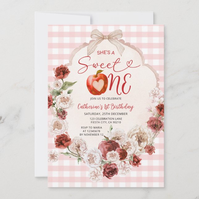Apple Sweet One Birthday Rosa Gingham Fall Blommig Inbjudningar (Framsida)