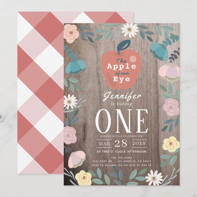 Äpple till vår Öga Blommigt Wood Girl 1 Birthday Inbjudningar (Fram/baksida)