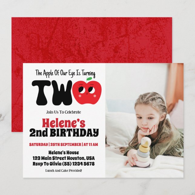 Äpple till vår Öga-flicka 2:a födelsedagsfoto Part Inbjudningar (Fram/baksida)