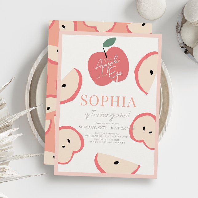 Äpple till vår Öga Rosa-flicka 1:a födelsedagen Inbjudningar (Skapare uppladdad)