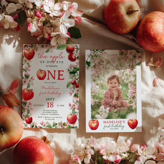 Äpple vår Öga Blommigt Fall Photo First Birthday Inbjudningar (Apple of Our Eye Floral Fall Photo First Birthday Invitation)
