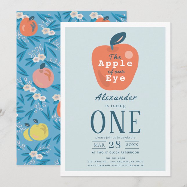 Äpple vår Öga Boy Blue 1:a födelsedag Inbjudningar (Fram/baksida)