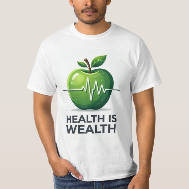 Apple with Heartbeat Pulse and Health is Wealth T Shirt (Framsida)