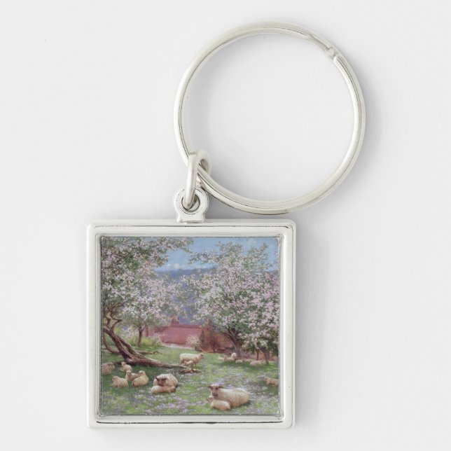 Appleblossom Fyrkantig Silverfärgad Nyckelring (Framsidan)