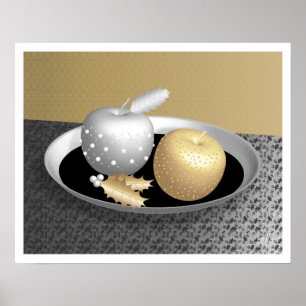 Äpplen guld och Silver på en Platter i Silver Poster