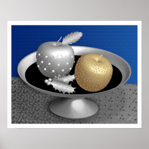 Äpplen guld och Silver på en Silver-pedestal Poster