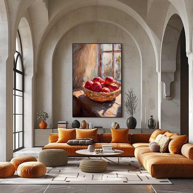 Äpplen i korg vid solbelyst fönster – Impressionis Poster (Skapare uppladdad)