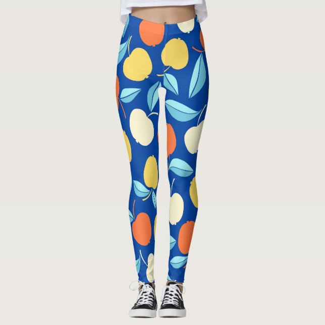 Äpplen löv, blå bakgrund, sömlös mönster. leggings (Framsida)