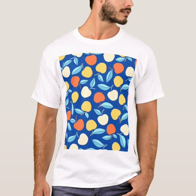 Äpplen löv, blå bakgrund, sömlös mönster. t shirt (Framsida)